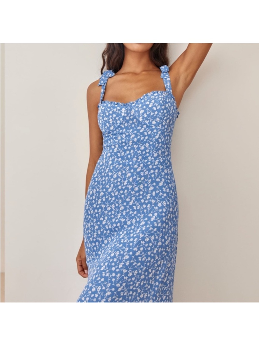 Reformation Blue Floral Tie-Shoulder Midi Dress - Picture 3 of 8